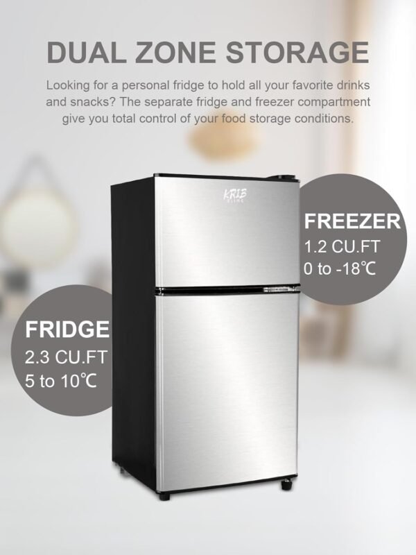 Refrigerator with Freezer 3.5 Cu.Ft with 7 Level Adjustable Thermostat Control 2 Door Energy Saving Top-Freezer Compact Refrigerator Silver (KB03 FLS-80-Silver-2)