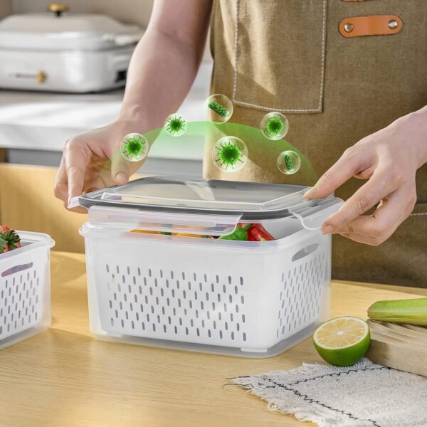 6 PCS Large Fruit Containers for Fridge - Leakproof Food Storage Containers with Removable Colander - Dishwasher & Microwave Safe Produce Containers Keep Fruits, Vegetables, Berry, Meat Fresh longer