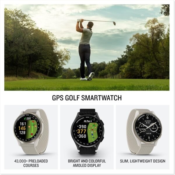 Garmin Approach S50 Advanced Golf Watch with GPS, AMOLED Display, Sports and Fitness Smartwatch, Cream Gold Aluminum Bezel with Ivory Comfort Fit Nylon Band Bundle with Wireless Air Buds