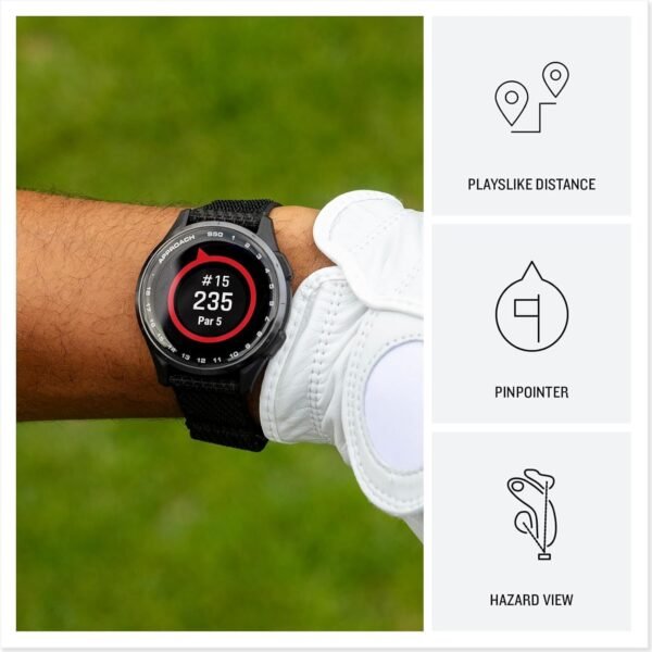 Garmin Approach S50 Advanced Golf Watch with GPS, AMOLED Display, Sports and Fitness Smartwatch, Cream Gold Aluminum Bezel with Ivory Comfort Fit Nylon Band Bundle with Wireless Air Buds