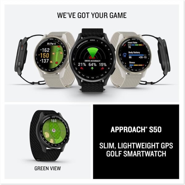 Garmin Approach S50 Advanced Golf Watch with GPS, AMOLED Display, Sports and Fitness Smartwatch, Cream Gold Aluminum Bezel with Ivory Comfort Fit Nylon Band Bundle with Wireless Air Buds