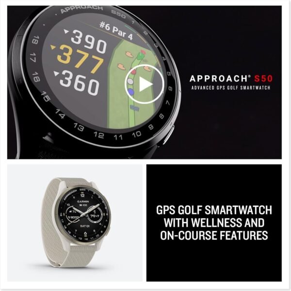 Garmin Approach S50 Advanced Golf Watch with GPS, AMOLED Display, Sports and Fitness Smartwatch, Cream Gold Aluminum Bezel with Ivory Comfort Fit Nylon Band Bundle with Wireless Air Buds