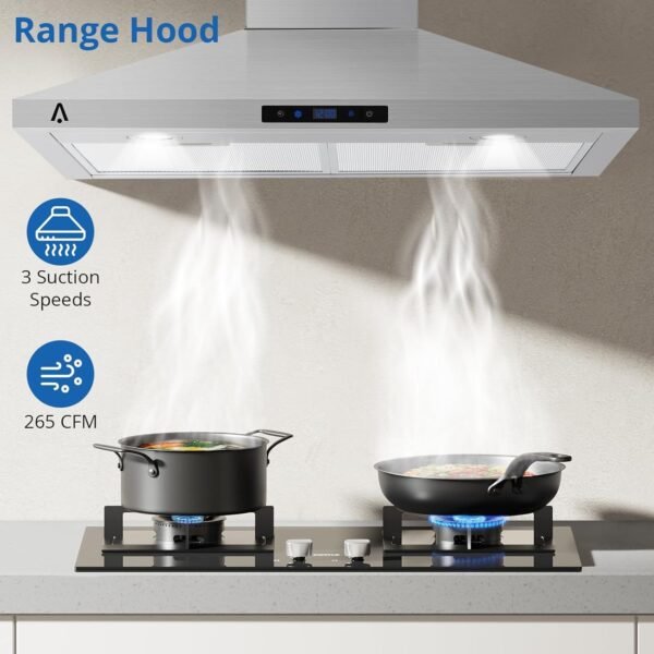 Range Hood 30 Inch, Kitchen Hood 265 CFM, Stainless Steel Vent Hood With Touch Control, Stove Hood With 3-Speed Exhaust Fan, Adjustable Chimney & LED Light, Silver