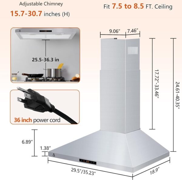 Range Hood 30 Inch, Kitchen Hood 265 CFM, Stainless Steel Vent Hood With Touch Control, Stove Hood With 3-Speed Exhaust Fan, Adjustable Chimney & LED Light, Silver