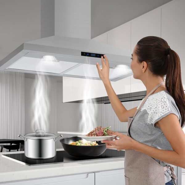 Range Hood 30 Inch, Kitchen Hood 265 CFM, Stainless Steel Vent Hood With Touch Control, Stove Hood With 3-Speed Exhaust Fan, Adjustable Chimney & LED Light, Silver