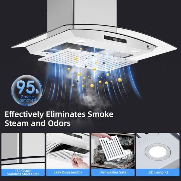 Range Hood 30 inch, Wall Mount Range Hood with Ducted/Ductless Convertible, 400CFM, 3 Speed Fan, LED Light, Stainless Steel Chimney-Style Stove Vent with Tempered Glass