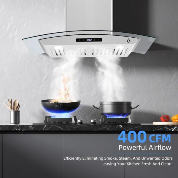 Range Hood 30 inch, Wall Mount Range Hood with Ducted/Ductless Convertible, 400CFM, 3 Speed Fan, LED Light, Stainless Steel Chimney-Style Stove Vent with Tempered Glass