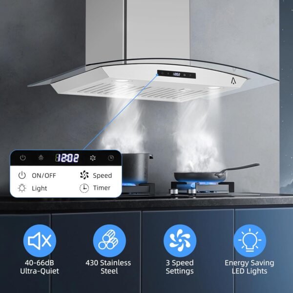 Range Hood 30 inch, Wall Mount Range Hood with Ducted/Ductless Convertible, 400CFM, 3 Speed Fan, LED Light, Stainless Steel Chimney-Style Stove Vent with Tempered Glass