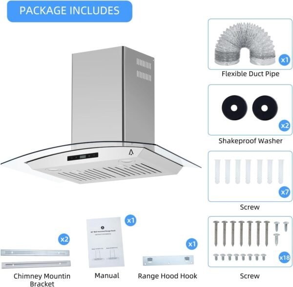 Range Hood 30 inch, Wall Mount Range Hood with Ducted/Ductless Convertible, 400CFM, 3 Speed Fan, LED Light, Stainless Steel Chimney-Style Stove Vent with Tempered Glass