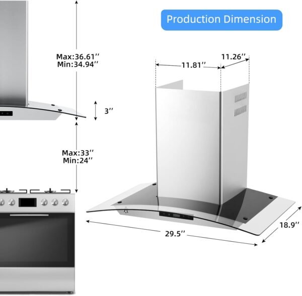 Range Hood 30 inch, Wall Mount Range Hood with Ducted/Ductless Convertible, 400CFM, 3 Speed Fan, LED Light, Stainless Steel Chimney-Style Stove Vent with Tempered Glass