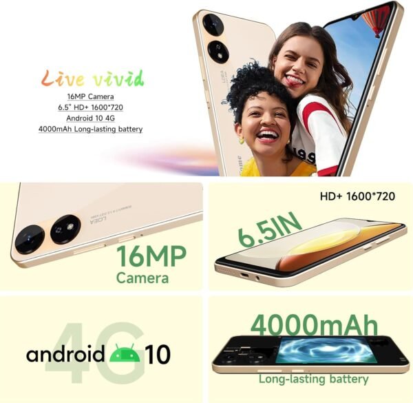 X1 2025 New 4G LTE GSM Unlocked Cell Phone 6.5” HD+ Screen Mobile Phones 4000mAh Android 10 Smart Phone 16MP Smartphone Dual SIM (for T-Mobile Metro Mint Tello USA Market) Face Unlock (Gold)