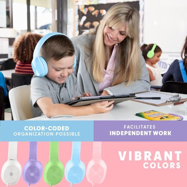 Kids Headphones for School - 5-Pack On-Ear, Wired, Adjustable & Cushioned - Mixed Colors