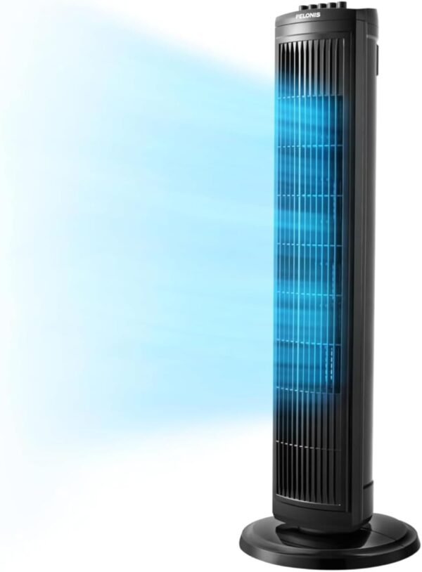 PELONIS 30" Tower Fan for Bedroom, Standing Fan with 3 Speeds, 90° Oscillation, Small Fan with 120-Min Auto Timer, High-quality Motor, 1-Year Warranty, Black