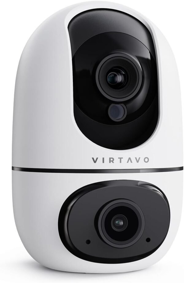 virtavo XD1 Indoor Security Camera, Dual-Lens & Split View, 360° PTZ Baby Monitor & Pet Cam, Motion Tracking, 2-Way Audio, Night Vision, Cloud/SD Storage, Phone App, 2.4GHz WiFi