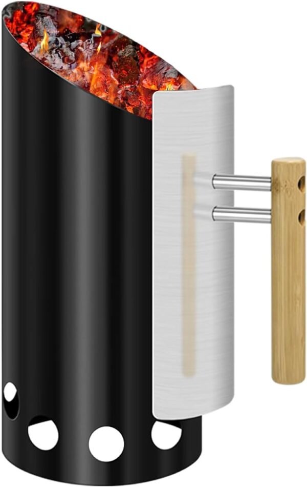 Charcoal Chimney Starter Double Enameled Large Capacity Chimney Starter, Chimney Starter for Charcoal Grill with Heat Shield & Rubber Wood Handle Great Heat Insulation and Easy Grip