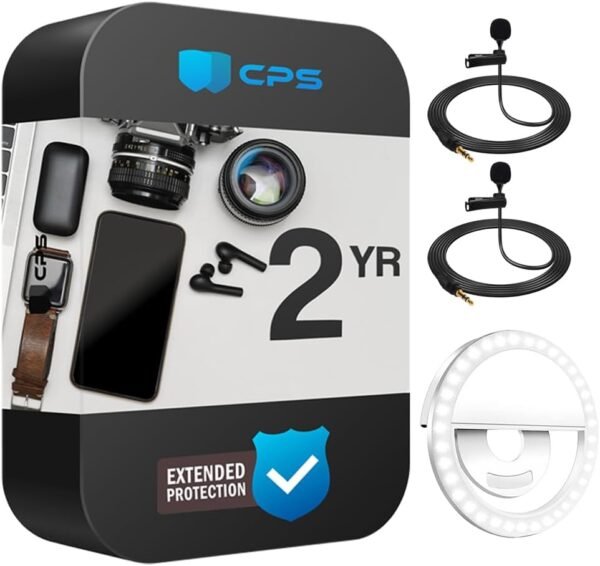 DJI Osmo Mobile 7P Gimbal Stabilizer for Smartphone 3-Axis Phone Gimbal Bundle with 2X Deco Essentials 3.5mm Clip-On Mini Lapel Microphone +LED Cordless Smartphone Ring Light + 2 Year Protection Pack