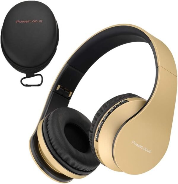 PowerLocus Wireless Bluetooth Over-Ear Stereo Foldable Headphones, Wired Headsets Rechargeable with Built-in Microphone for iPhone, Samsung, LG, iPad (Gold)