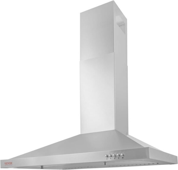VBENLEM Wall Mount Range Hood, Ductless Chimney-Style Kitchen Stove Vent, Stainless Steel Permanent Filter with 3-Speed Exhaust Fan, 2 Baffle Filters, LED Lights, Push Button, Silver (30 inch)