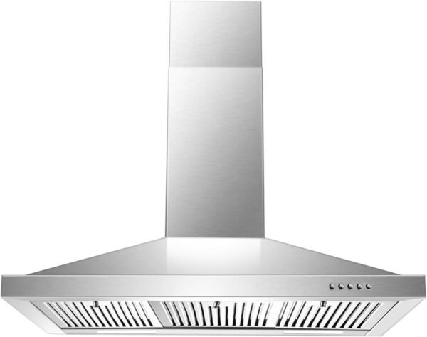 36 inch Range Hood, Wall Mounted Vent Hood in Stainless Steel, Ducted/Ductless Kitchen Hood w/Push Button Control, 3 Speed Exhaust Fan, 3 Pcs Baffle Filters, Energy Saving LED Light