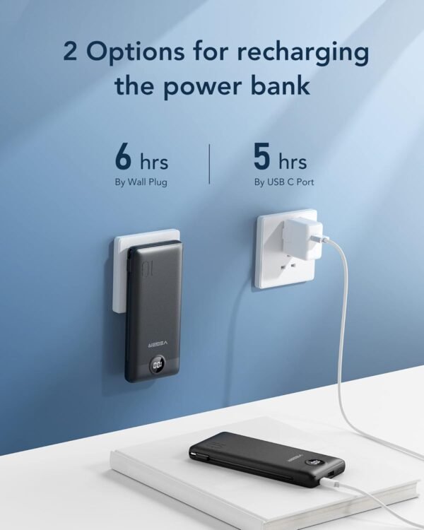VEGER Portable Charger for iPhone Built in Cables and Wall Plug, 10000mah Slim Fast Charging USB C Power Bank, Travel Essential Battery Pack Compatible with iPhones, iPad, Samsung, and More(Black)