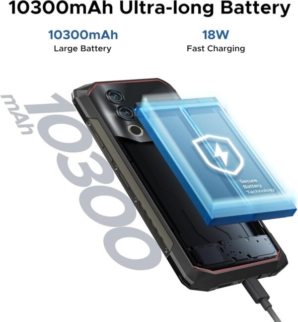 DOOGEE Blade10 Power Rugged Smartphone, 24GB+256GB/2TB Storage,10300mAh Battery, 6.6'' HD+ 90Hz Rugged Phone, 50MP Camera, Android 14 Waterproof Unlocked Cell Phone,NFC/Wi-Fi 6E/IP69K/Dual Unlocked