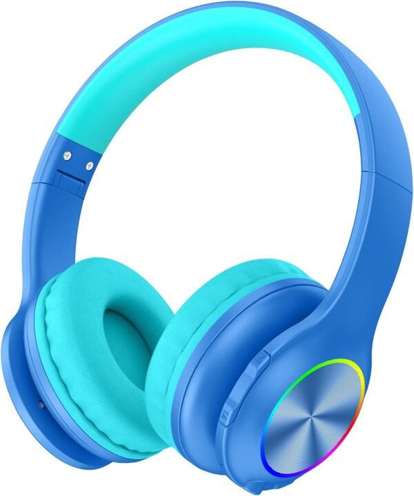 Bluetooth Kids Headphones Fit for Aged 3-21, Colorful LED Lights Comfort Wireless Headphones with Microphone 94dB Volume Limited for School/iPad/PC/TV/Cellphones, Wired & TF Card Mode,Blue