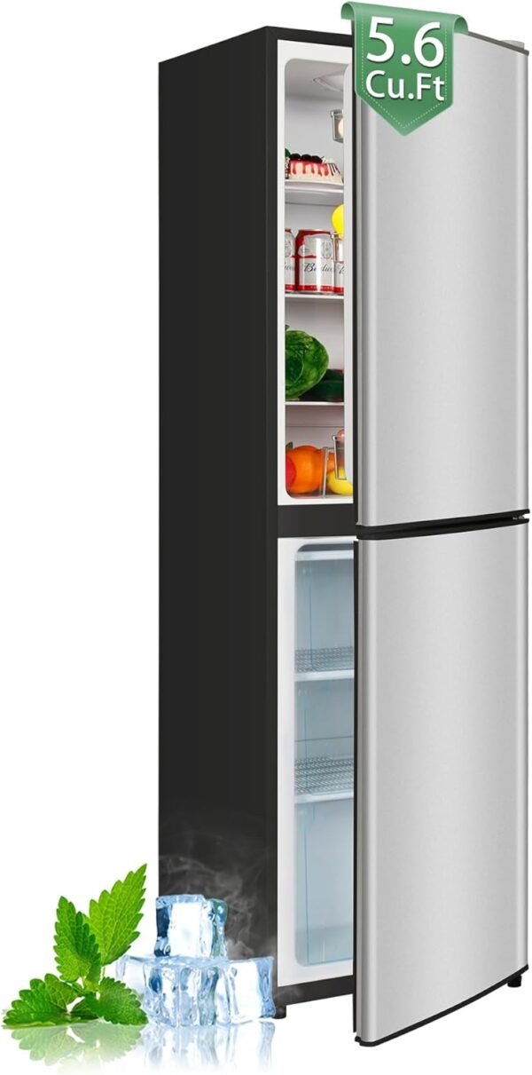 5.6 Cu.Ft Refrigerator, Double Door Fridge with Freezer, RV Refrigerator with 7 Adjustable Thermostat, 3 Shelves and 3 Drawers, Apartment Nevera for Garage, Kitchen, Silver