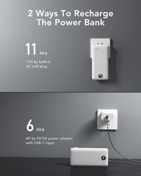 VRURC Power Bank 20000mAh, Fast Charging Portable Charger USB C,4 Output 2 Input Charging Bank Equipped with LED Display,Built-in Wall Plug and Cables,Cell Phone Replacement Battery,White