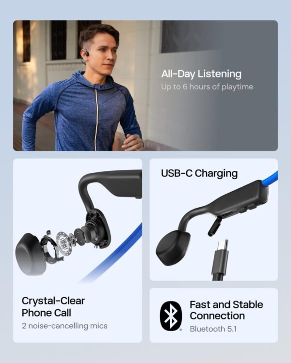 SHOKZ OpenMove - Open-Ear Bluetooth Sport Headphones, Bone Conduction Wireless Earphones, Sweatproof for Running and Workouts, with Sticker Pack(Blue)