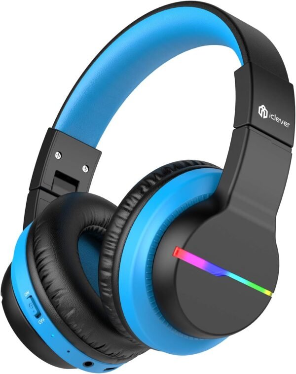 iClever BTH12 Kids Bluetooth Headphones,Colorful LED Lights Wireless Kids Headphones,74/85dBA Safe Volume,85H Playtime,Bluetooth 5.2,Over Ear Headphones Built-in Mic for iPad/Tablet/Airplane,Black