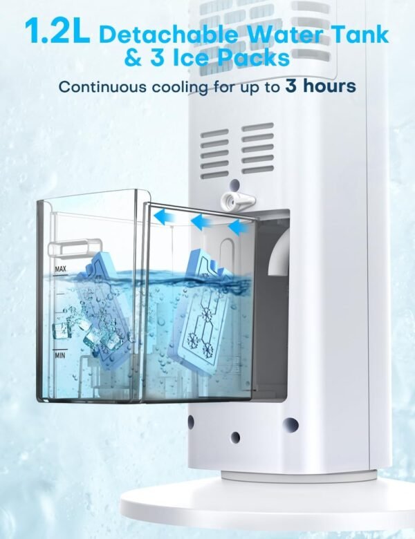 BALKO Evaporative Air Cooler, 35" Windowless Air Conditioner Portable, 3 Speeds, 1.2L Water Tank, 3 Ice Packs, 20ft Remote, 7H Timer, No Hose No Window Needed,70° Oscillating Portable AC Unit for Room