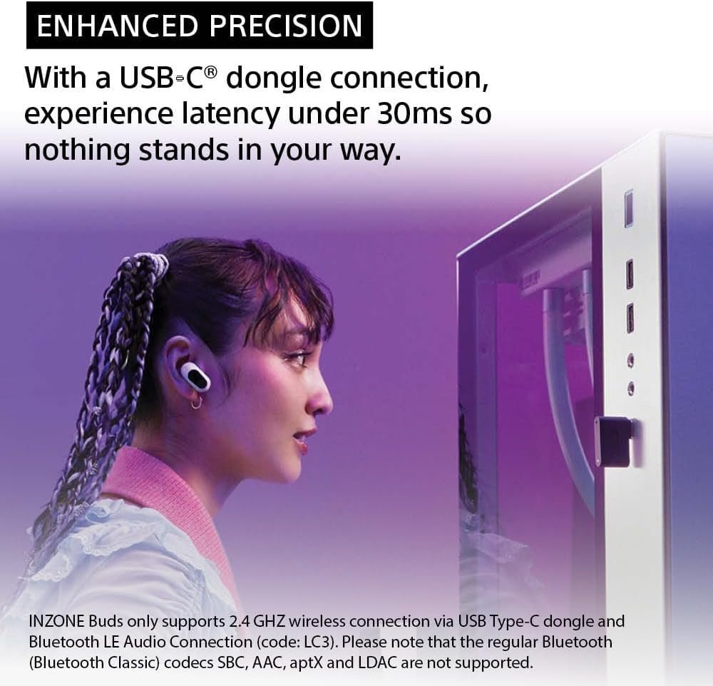 Sony INZONE Buds Truly Wireless Noise Canceling Gaming Earbuds, 24 Hour Battery with Charging case, for PC, PS5, 360 Spatial Sound, 30ms Low Latency, USB-C Dongle and LE Audio (LC3), WF-G700N White
