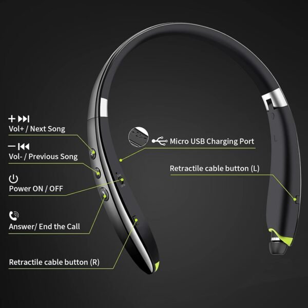 Bluetooth Headset, 2024 Upgraded Neckband Bluetooth Headphones with Retractable Earbuds, Noise Cancelling Stereo Earphones with Mic, Foldable Wireless Headphones for Sports Office with Carry Case