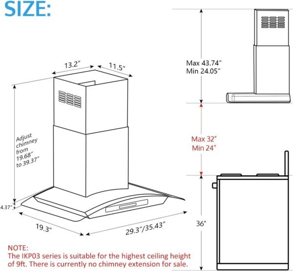 IKTCH 30-inch Wall Mount Range Hood Tempered Glass 900 CFM, Kitchen Chimney Vent Stainless Steel with Gesture Sensing & Touch Control Switch Panel, 2 Pcs Adjustable Lights(IKP03-30)