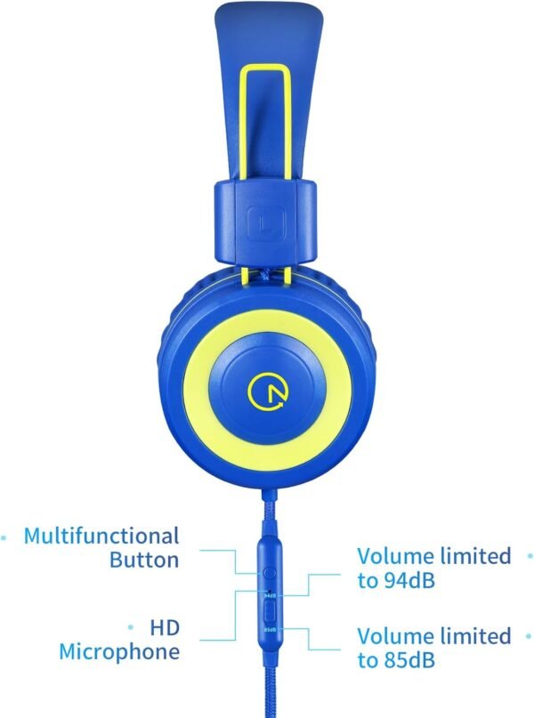 noot products Kids Headphones with Microphone K12 Stereo 5ft Long Cord with 85dB/94dB Volume Limit Wired On-Ear Headset for iPad/Amazon Kindle,Fire/Toddler/Boys/Girls/School(Blue/Lime)