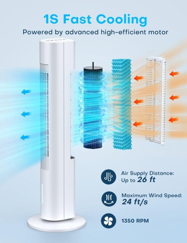 BALKO Evaporative Air Cooler, 35" Windowless Air Conditioner Portable, 3 Speeds, 1.2L Water Tank, 3 Ice Packs, 20ft Remote, 7H Timer, No Hose No Window Needed,70° Oscillating Portable AC Unit for Room