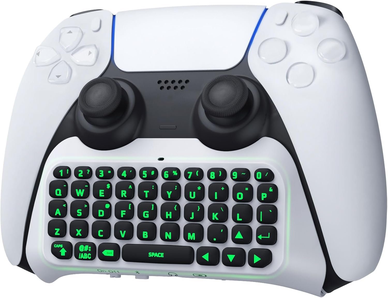 TiMOVO PS5 Controller Keyboard with Green Backlight, Wireless Bluetooth Keypad Chatpad for Playstation 5 Controller, Mini Game Keyboard Built-in Speaker with 3.5mm Audio Jack for PS5 Accessories,White