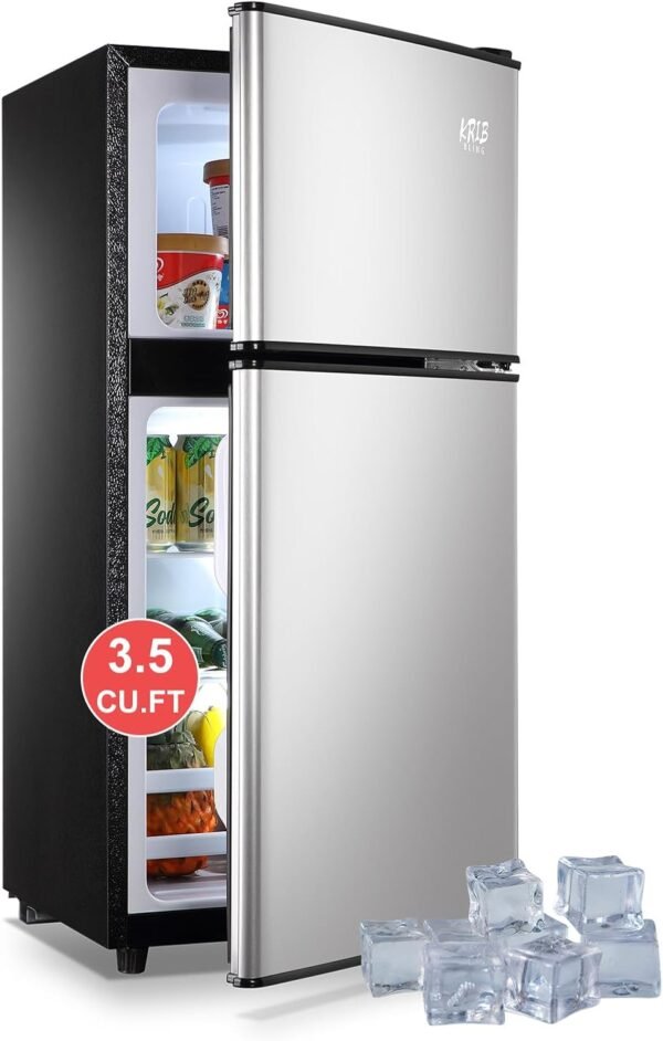 Refrigerator with Freezer 3.5 Cu.Ft with 7 Level Adjustable Thermostat Control 2 Door Energy Saving Top-Freezer Compact Refrigerator Silver (KB03 FLS-80-Silver-2)