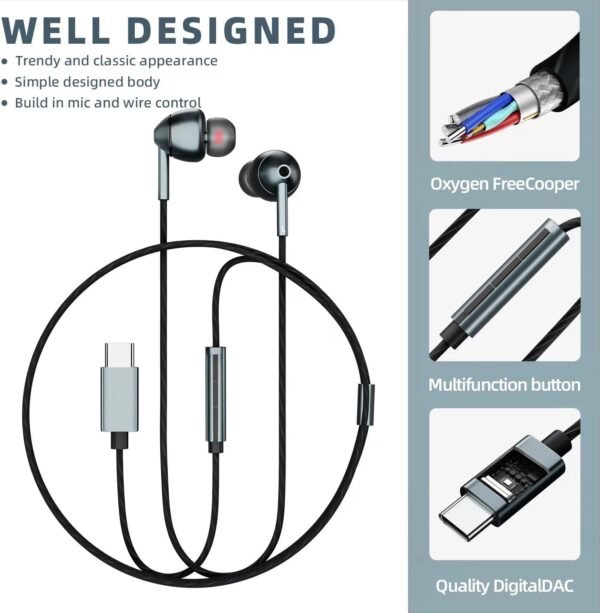 USB C Headphones for Samsung Galaxy S24 S23 FE S22 S21 S20 A53 A54 Wired Earbuds in-Ear Type C Earphone with Microphone Volume Control Bass Stereo Noise Canceling for iPhone 15 16Pro Max Pixel 6 7 8 5