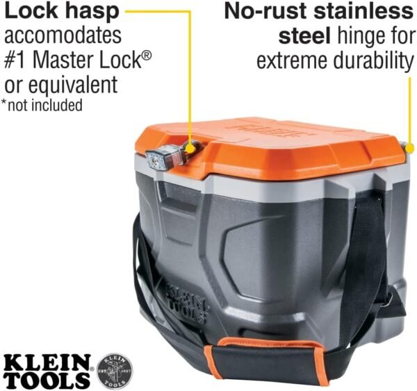 Klein Tools 55600 Work Cooler, 17-Quart Lunch Box Holds 18 Cans, Keeps Cool 30 Hours, Seats 300 Lb, Tradesman Pro Tough Box