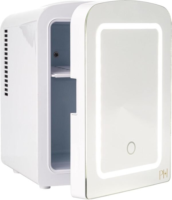 Paris Hilton Mini Refrigerator and Personal Beauty Fridge, Mirrored Door with Dimmable LED Light, Thermoelectric Cooling and Warming Function for All Cosmetics and Skincare Needs, 4-Liter, White