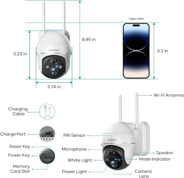 ZUMIMALL Security Cameras Wireless Outdoor,360°View, 2K Battery Powered Outdoor Cameras for Home Security, Color Night Vision, Work with Alexa, 2-Way Talk, IP66, AI Analysis, Cloud Storage