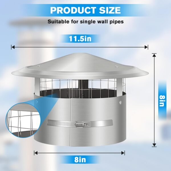 8 Inch Round Chimney Cap with Screen, Tapered Top Roof Rain Chimney Cover for Outside,Adjustable Fireplace Stove Pipe Topper, Stainless Steel