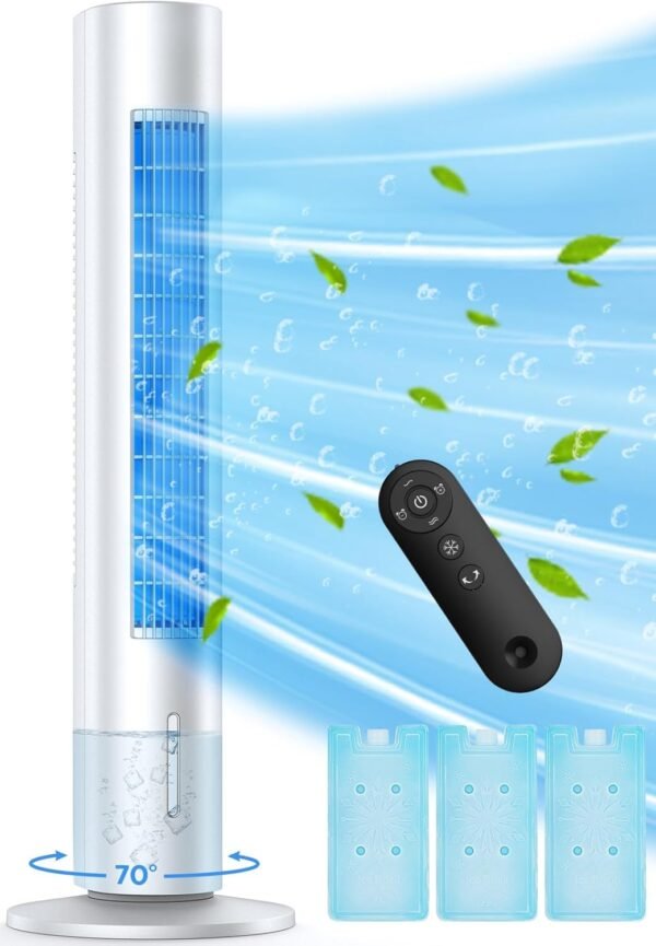 BALKO Evaporative Air Cooler, 35" Windowless Air Conditioner Portable, 3 Speeds, 1.2L Water Tank, 3 Ice Packs, 20ft Remote, 7H Timer, No Hose No Window Needed,70° Oscillating Portable AC Unit for Room
