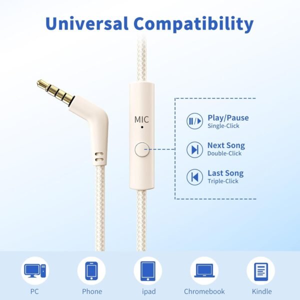 Headphones Wired with Microphone, Over Ear Foldable 3.5mm Plug in Headphones with 4.9ft Tangle-Free Nylon Cord for Tablet, Computer, MP3/4, Airplane Travel (Beige)