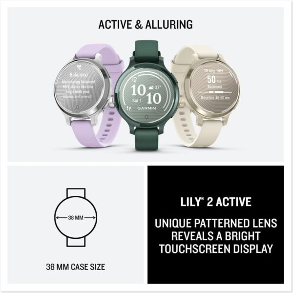 Garmin Lily 2 Active Small and Stylish Smartwatch Up to 9 Days Battery Life Built-in GPS Hidden Display Patterned Lens Jasper Green 010-02891-02 Health and Fitness Smart Watch Bundle for Women