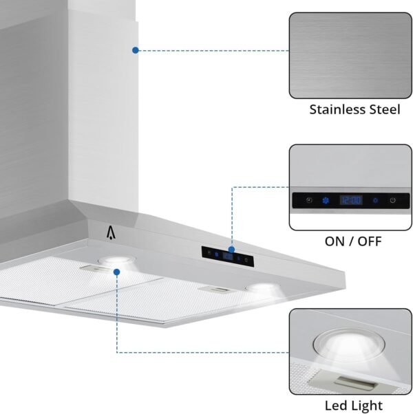Range Hood 30 inch, Kitchen Hood 265 CFM, Stainless Steel Vent Hood with Touch Control, Stove Hood with 3-Speed Exhaust Fan, Adjustable Chimney & LED Light, Silver