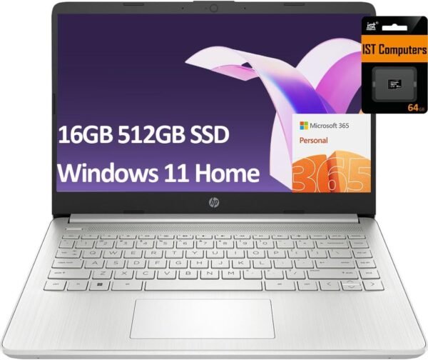 HP 14" Ultra-Light Laptop for Student & Home (Narrow-Bezel Display, Intel Pentium N5030, 16GB RAM, 512GB SSD, 1-Year Office 365) 11-Hr Long Battery Life, Webcam, Wi-Fi, IST Card, Win 11 Home, Silver