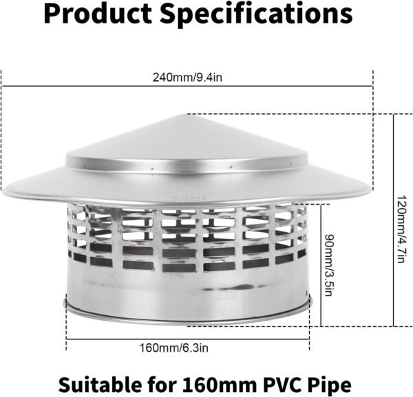Chimney Cap 6.3 Inch Roof Vent Rain Caps DUSUYO Stainless Steel Round Chimney Spark Arrestor Exterior Stove Pipe Topper for Vent Flue Family Kitchen Cooking