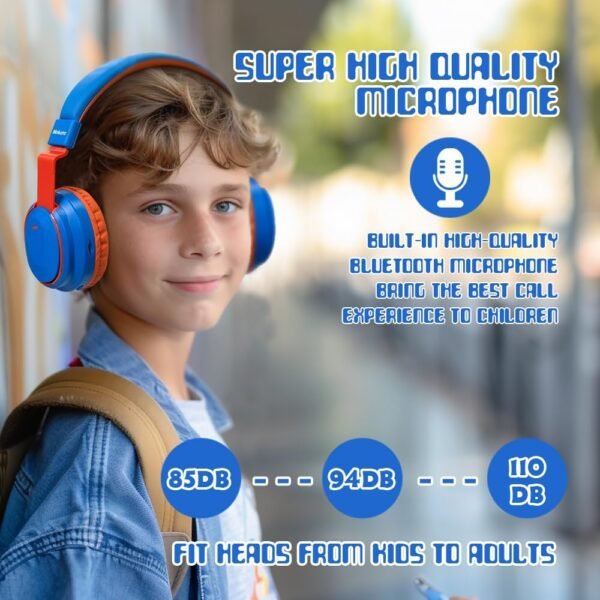 Kids Headphones Bluetooth 5.3 Wireless 60H Play Time Volume Limited 85/110dB Over Ear Foldable Headset with Cable Aux Mic for iPad Notebook Boy Girl Travel School Tablet Blue
